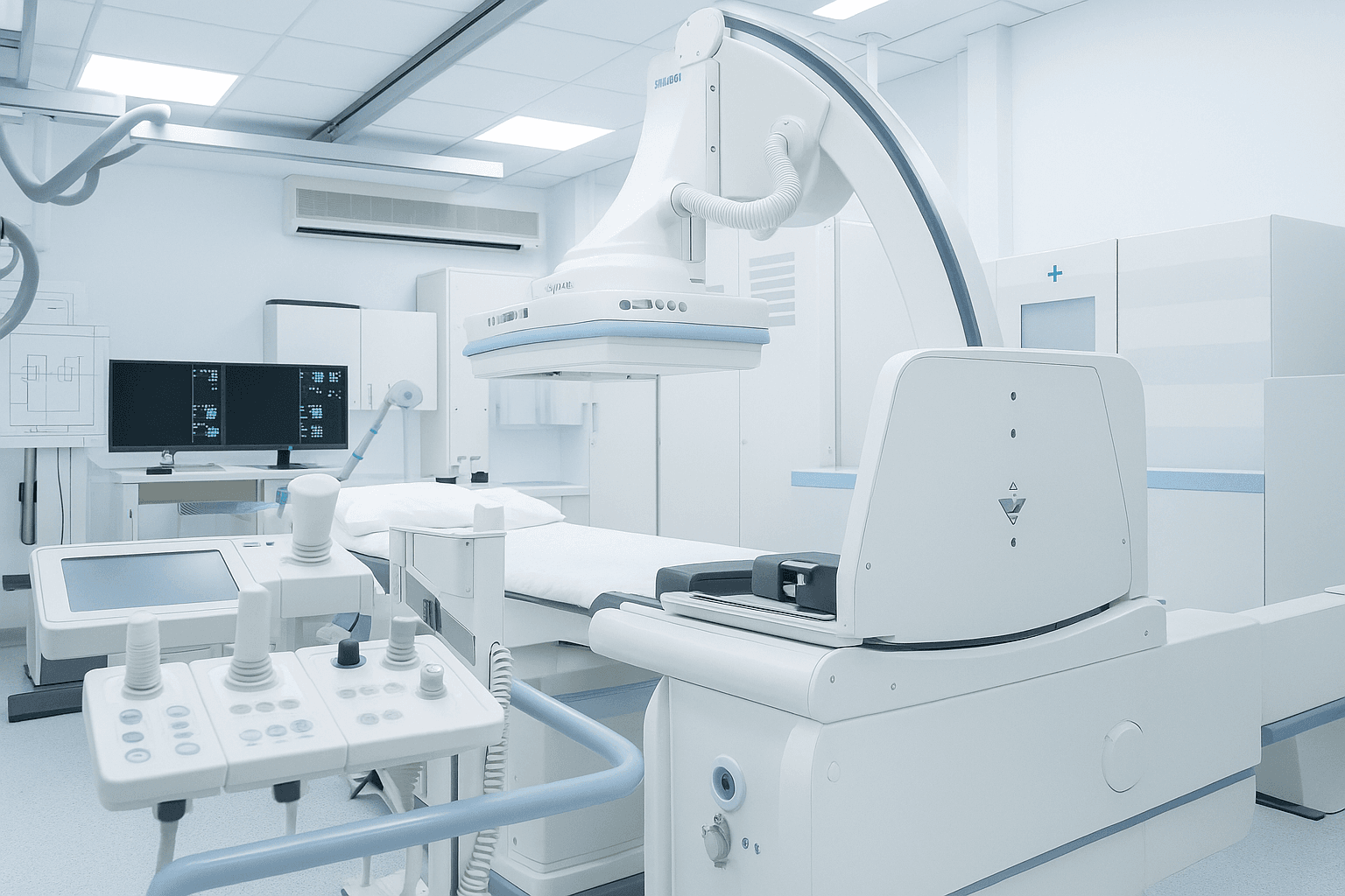 Fluoroscopy suite with C-arm imaging equipment and monitoring screens used for guided musculoskeletal injections