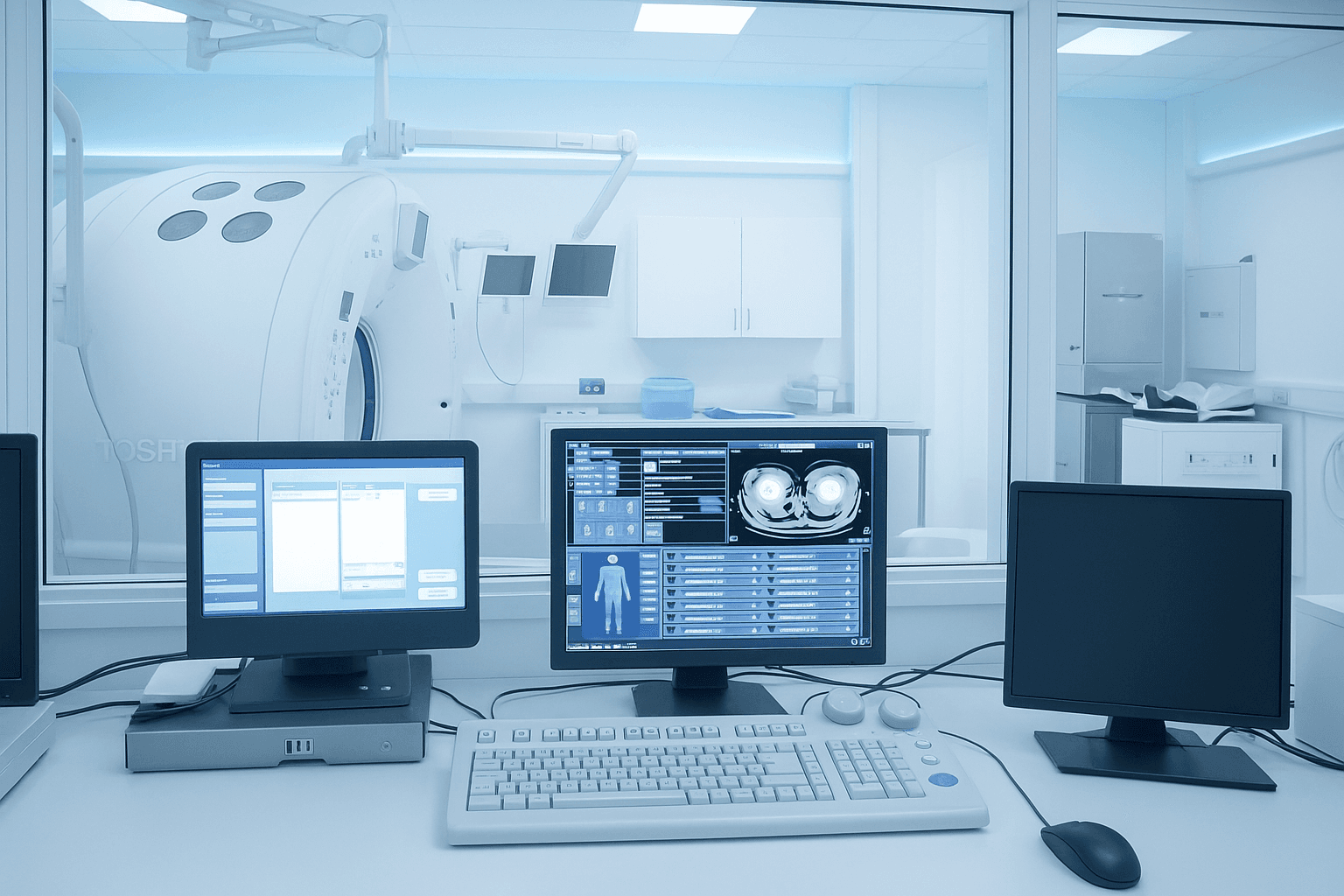 Radiology workstation with dual monitors displaying CT scan imaging
