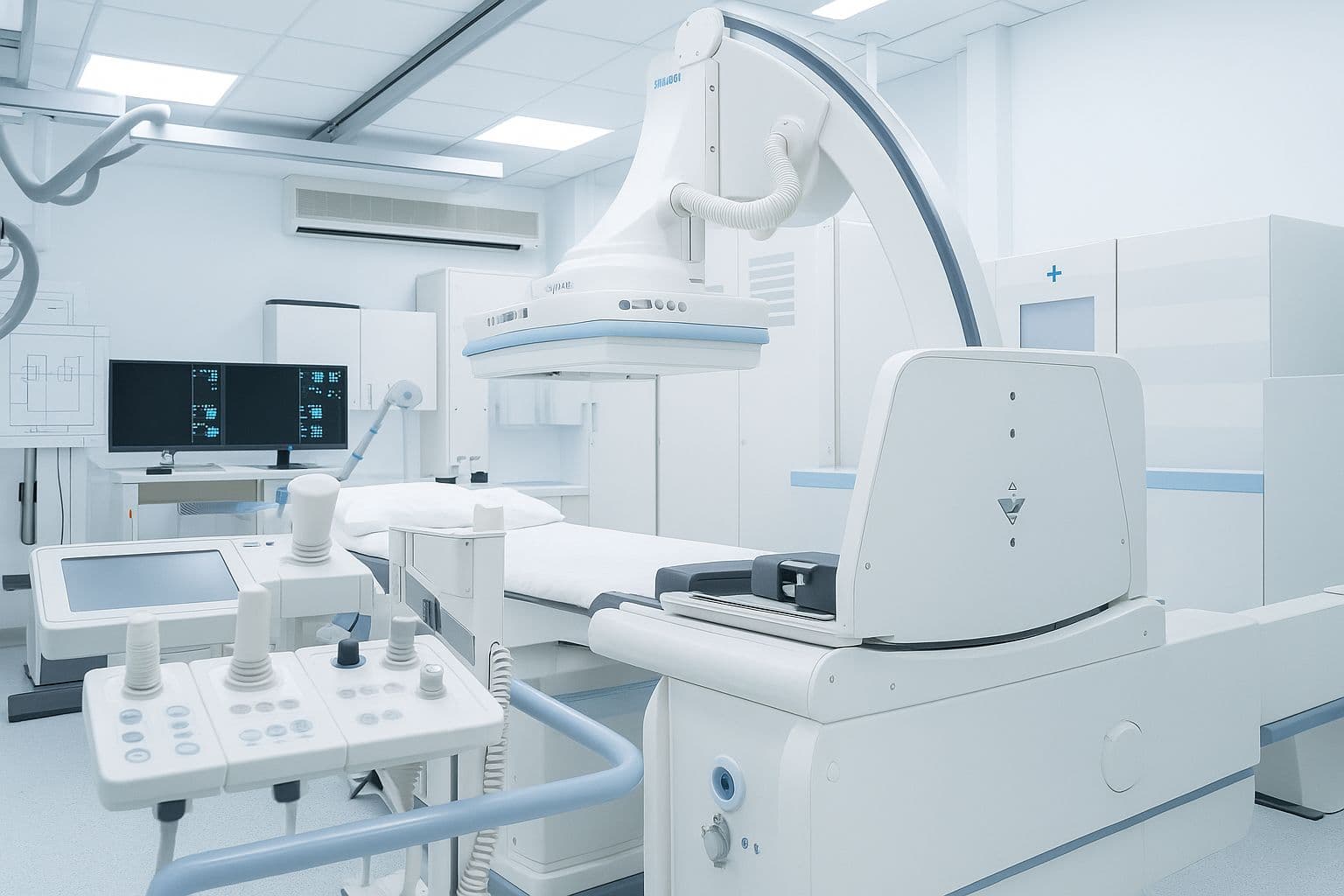 Fluoroscopy-guided interventional radiology suite with C-arm equipment